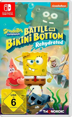 The cover art for the Nintendo Switch game Spongebob: Battle for Bikini Bottom Rehydrated, featuring Spongebob, Patrick, and Sandy.