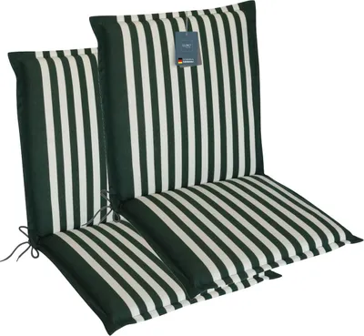 Produktbild von LILENO HOME Gartenstuhl Auflagen als [2er Set - Niedriglehner] in Streifen Dunkelgrün - bequeme Liegen als Sitzauflagen für Gartenmöbel - Stuhlkissen für Gartenstühle und Klappstühle MALT