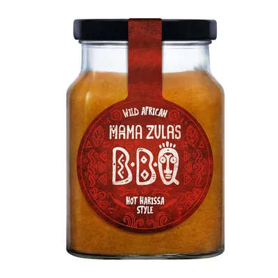 Verpackungsbild Mama Zula Wild African BBQ Sauce Hot Harissa Style im Glas 320ml