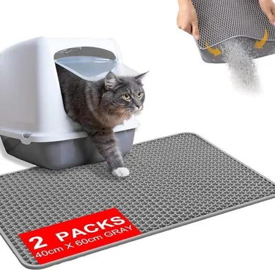 Productafbeelding van Famanu kattenbakmat met honingraatpatroon - 2 stuks - grijs - 40 x 60 cm