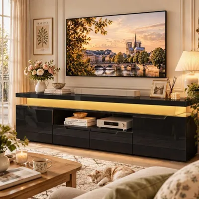 Obrázok produktu pre INONEFT TV skrinka 180 cm s LED a USB portami, lesklá nízka komoda pod televízor s 2 skrinkami a 2 zásuvkami, vhodná pre televízory 55"-75", čierna