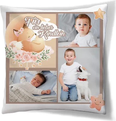 Obrázek produktu pro Dárkový polštář s vlastními fotografiemi Personalizovaný FOTO DÁREK (45 x 45 cm) Fotopolštář s potiskem vaší fotografie Narozeniny Křtiny (s výplní) Liška [091]
