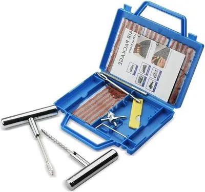 Zdjęcie produktu dla Zestaw naprawy opon - zestaw do naprawy przebitych opon - szybka naprawa - 28 elementów - do naprawy dziur do 3 cm - kolor czarny