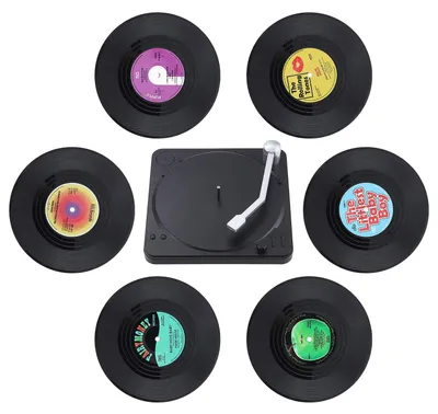 6er Set Retro Vinyl Untersetzer, Antirutsch, mit Halter