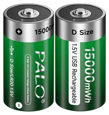 Image de Batterie lithium-ion de type D, capacité de 15000 mWh, charge via USB, lot de 2 batteries