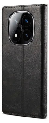 A black leather flip case for a smartphone, showing the camera cutout.