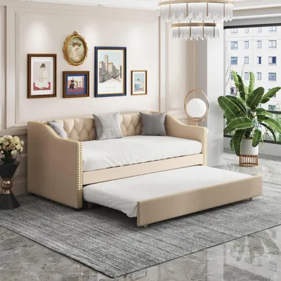 Zdjęcie produktu dla Łóżko tapicerowane REMZETTA, 90x200 cm, z możliwością rozkładania, sofa do spania obita tkaniną lnianą, łóżko młodzieżowe, łóżko dziecięce, łóżko gościnne, kolor beżowy