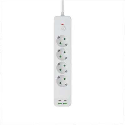 Produktbild von Steckdosenleiste 4-fach mit 2 USB-A und 2 USB-C Weiß 2500 W 90°-Winkelstecker 1,8 m