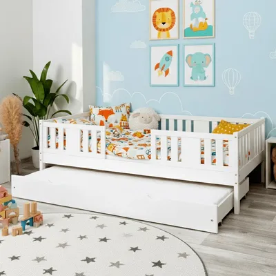 Produktbild von MEBLE WRÓBEL Kinderbett 80x180 cm - Jugendbett mit Auszugbett Lattenrost & Rausfallschutz - Einzelbett Kinder Bett aus Kiefer Massivholz Weiß - Kleinkindbett für Jungen & Mädchen - Standhöhe 20 cm