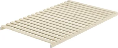 A wooden slatted bed base shown from a diagonal angle on a white background.