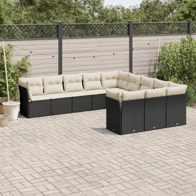 Produktbild von Design 11-tlg. Garten-Sofagarnitur mit Kissen Schwarz Poly Rattan, Gartenmöbel-Sets 2024 Neu