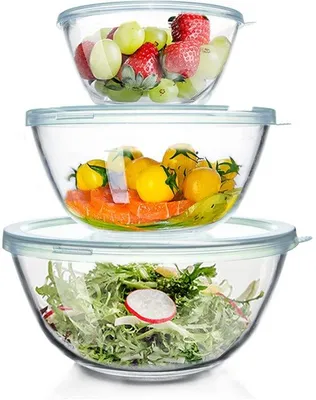Produktbild von Famanu Glasschüssel Set mit Deckel, 3-teilig (4,2 l, 2,5 l, 1 l) - große runde Schüsseln für die Küche