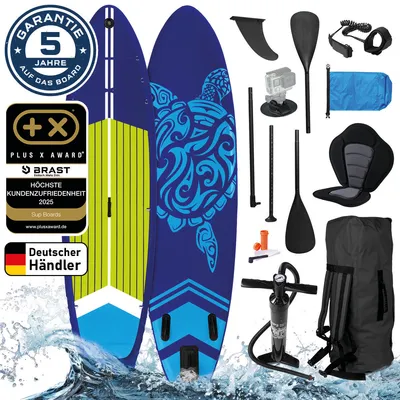 Produktbild von BRAST SUP Board Turtle | Aufblasbares Stand up Paddle Set | 320x81x15cm | 4 Designs | inkl. Sonderzubehör | 2in1 Paddel Kajak-Sitz Action-Cam-Halterung Fußschlaufe | Dunkelblau