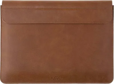 A brown leather laptop sleeve is shown flat against a white background.