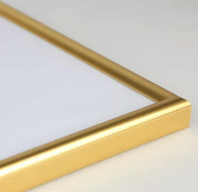 A close-up view of the corner of a gold picture frame with a white background.