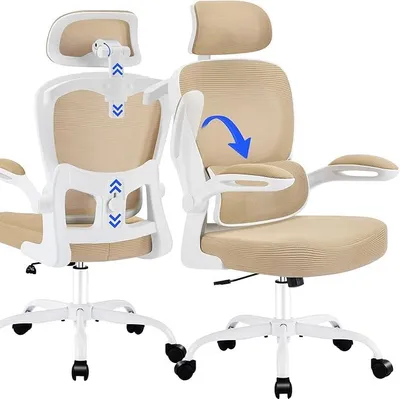 Produktbild von Bürostuhl Ergonomisch mit Kopfstütze, Verstellbarer Lendenwirbelstütze & Netzbespannung, Höhenverstellbarer Drehstuhl bis 150 kg, Computerstuhl ideal für Büro und Homeoffice, Khaki
