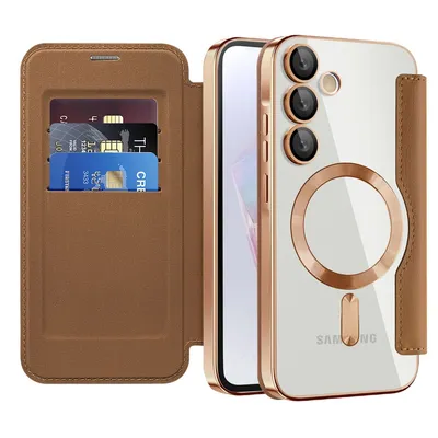 Produktbild von Klapphülle für Samsung Galaxy A35 Kompatibel mit Magsafe, Klar Überzug Kartenhalter Ledertasche mit Kameraschutz Braun