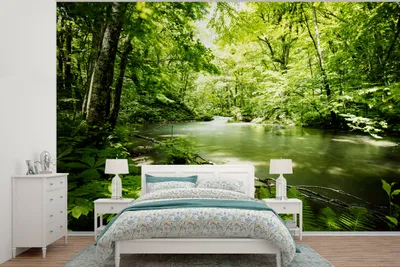 Produktbild von MuchoWow® Fototapete für Wohnzimmer oder Schlafzimmer Wandtapete Vinyl Motivtapete Wald - Baum - Wasser - 450x300 cm - Gemusterte