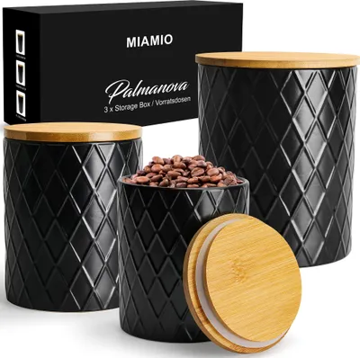 Produktbild von MIAMIO - 3er Set Vorratsdosen aus Keramik mit luftdichtem Holzdeckel