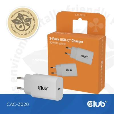 Imagen del producto de Club 3D CAC-3020 Club3D Lifestyle Ladegerät USB-C 30Watt, 2Stk weiß retail