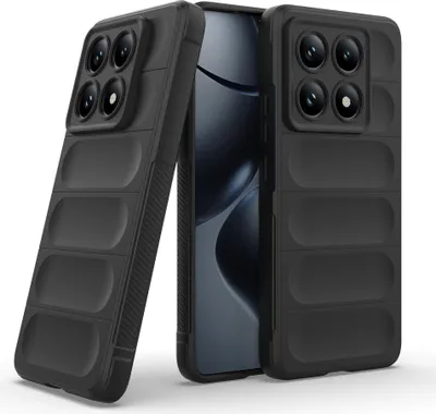 Two black phone cases are shown, one on the left and one on the right, with a smartphone in between them.