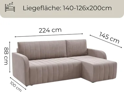Zdjęcie produktu dla LIKMA Otto Sofa Narożna Brązowa 224x145 cm Funkcja Spania 200x140 cm Pojemnik na Pościel Narożnik 3-Osobowy