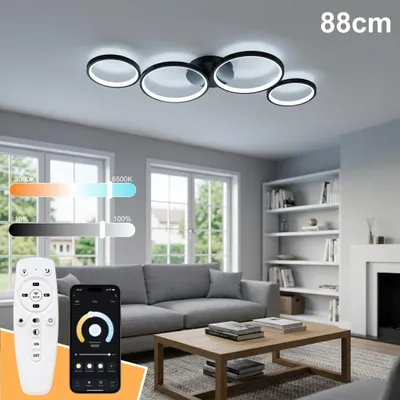 Produktbild von LED Deckenleuchte Modern Schwarz Ø88 cm, 4-Ring Designer Deckenlampe, Stufenlos Dimmbar, 3000–6500K, APP & Fernbedienung, Memory, Nachtlicht, Timer