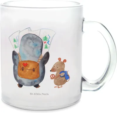 Produktbild von Mr. & Mrs. Panda Pott Pinguin & Maus Wanderer - Transparent - Geschenk, Wandern, Tee Tasse, Roadtrip, Teetasse, Trinkglas, aus Glas, Abenteuer, Teeglas