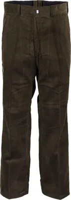 A pair of brown corduroy work pants is shown against a white background.