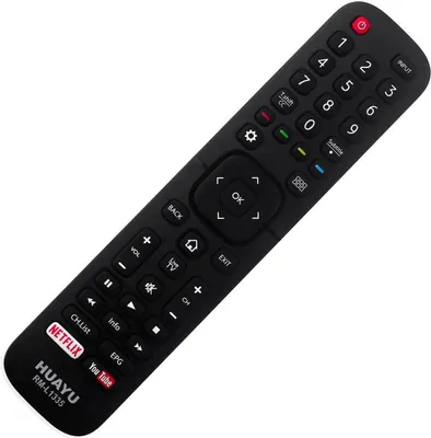 A black remote control is shown against a white background.