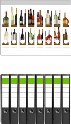 Produktbild von Wallario 8 Stück schmale Ordner inkl. Klebeetiketten mit Motive Schnapsregal mit vielen bunten Flaschen -  Set mit Rückenschildern / Ordnerrücken Stickern