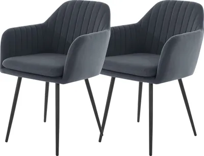 Produktbild von Hela Armlehnstuhl 2er Set MILA, Microfaser Samt Grau, gepolsterte Sitzschale, Streifensteppung, schwarze Metallfüße, 120 kg Belastbarkeit, Maße: B59xT66xH84cm, Sitzhöhe 50cm, Sitztiefe 44cm, Sitzbreite 42cm