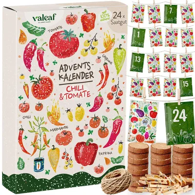 Produktbild von Saatgut Adventskalender mit 24 Tomatensamen und Chilisamen für Garten und Balkon Saatgut Kalender für Pflanzenliebhaber BIO Chili + Tomate