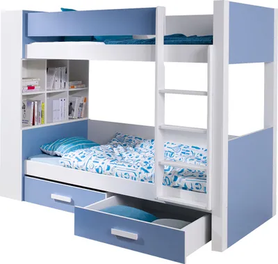 Produktbild von MIRJAN24 Etagenbett Gaspar 90, Jugendbett mit Bettschubladen, Stilvoll Hochbett (Weiß / Blau, Größe: 90x200, Seite: Rechts)