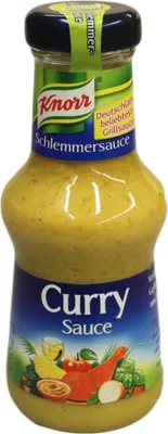 A bottle of Knorr Curry Sauce on a white background.