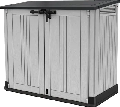 A storage chest with double doors and a dark lid, shown from the front.