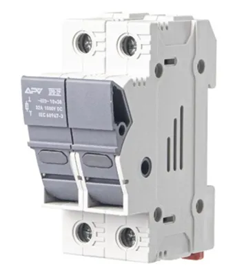 A close-up studio shot of a dual-pole fuse holder.