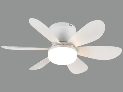 A white ceiling fan with an integrated LED light is shown against a plain gray background.