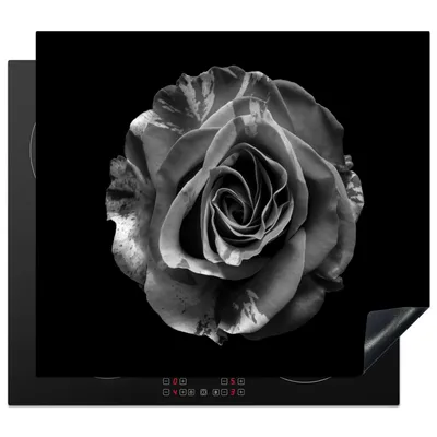 Produktbild von KitchenYeah© Herdabdeckplatte Blumen - Rose - Schwarz - Weiß - Botanisch , 59x52cm, Küche Deko, Glaskeramikkochfeld Herdabdeckung, Abdeckplatte fùr Kochfeld