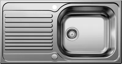 A top-down view of a stainless steel kitchen sink with a drainboard.