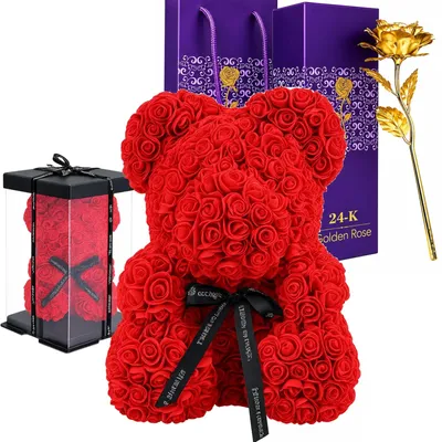 Produktbild von Rosenbär Geschenkset Ewige Rose Rosenbär 25 cm Rot mit Goldrose 23 cm Deko Geschenkidee Valentinstag Jahrestag Geburtstag