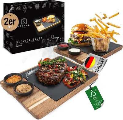 Productafbeelding van Serveerplank XXL, set van 2, van acaciahout en leisteen, met schaaltjes voor sauzen