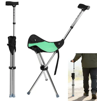 Produktbild von Gehstock mit Sitz, klappbare Canvas-Sitzfläche, 5 verstellbare Höhen, Erkennungsalarm, für Wandern