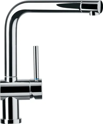 A close-up studio shot of a chrome kitchen faucet.