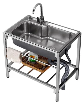 Produktbild von Waschbecken Edelstahl mit Standfuss & Faucet, Freistehendes Spülbecken für Waschraum, Garten & Hinterhof, Gewerbespüle für Garage 71x50x85cm