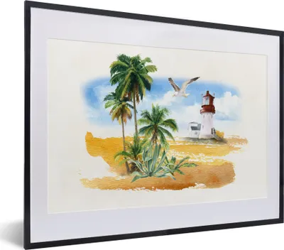 Produktbild von MuchoWow® MuchoWow® Gerahmtes Poster Leuchtturm - Palme - Strand 40x30 cm - Poster mit zchwarzem Bilderrahmen - Bilderrahmen - Poster im Rahmen