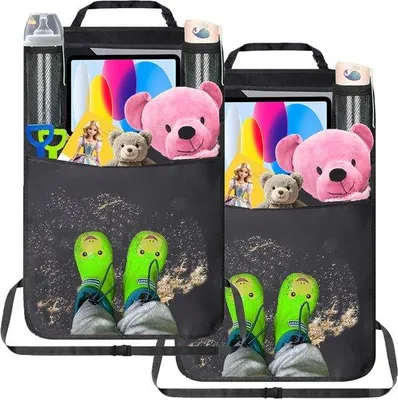 Productafbeelding van Ibenzoa® Rugleuningbeschermer & Auto-organizer voor kinderen – 2-delige set, 61x42 cm, 600D Oxford, nylon netzakken, waterdicht, zwart, ca. 500 g per stuk