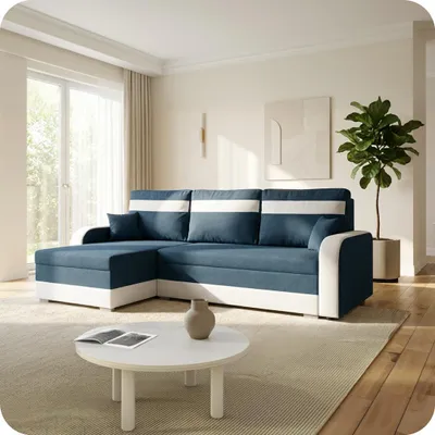 Produktbild von KomfortWelt24 Ecksofa mit Schlaffunktion und praktischem Bettkasten - Bequemer Eckcouch 214x140 cm L-Form CONDI Marineblau/Weiß