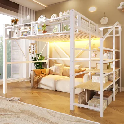 Image de Lit superposé en métal, 140x200 cm, avec escalier, barrières de sécurité, panier de rangement, espace de rangement ouvert en bas, barre lumineuse LED, couleur blanche