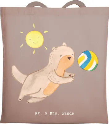 Produktbild von Mr. & Mrs. Panda Tote Bag Otter Beachvolleyball - Braun Pastell - Geschenk, Volleyballturnier, Tragetasche, canvas tasche, Uni, Stoffbeutel, Ballsport, Schultasche
